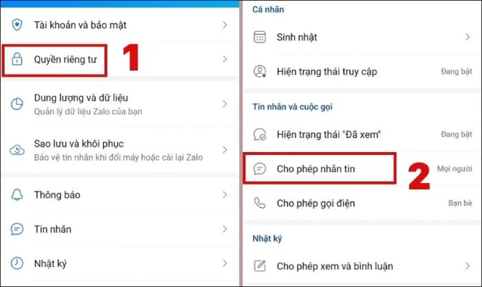 Nhấn vào mục Quyền riêng tư và chọn mục Cho phép nhắn tin