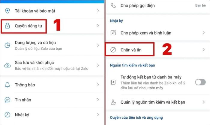 Chọn mục Quyền riêng tư và nhấn vào Chặn và ẩn