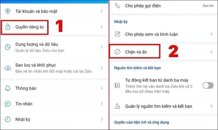 Chọn mục Quyền riêng tư, tìm và nhấn vào Chặn và ẩn