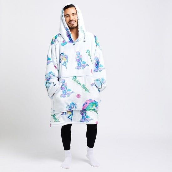 model snuggled in a blue and white Rick and Morty wearable blanket