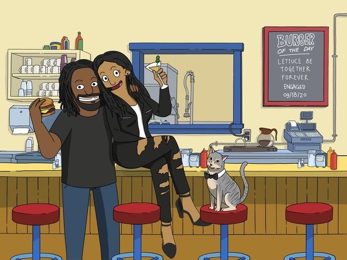 A Bob's Burgers-style portrait featuring a couple and their cat.