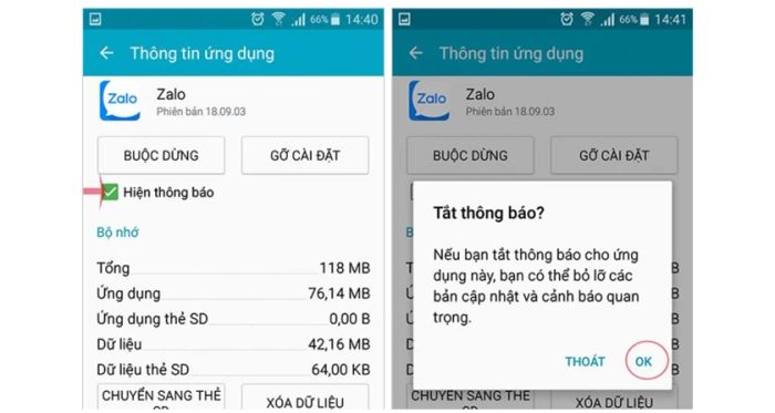 Bước 2: Trong màn hình thông tin ứng dụng, bạn tắt tùy chọn hiển thị thông báo, sau đó khi hộp thoại xuất hiện, chọn OK để hoàn tất.