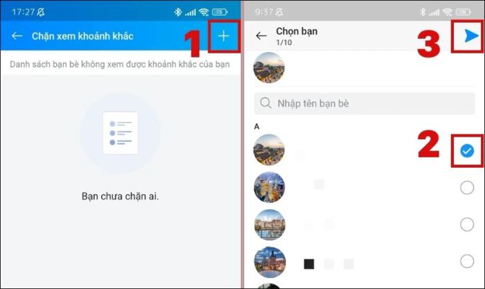 Nhấn vào biểu tượng dấu cộng, chọn tài khoản cần chặn và nhấn vào biểu tượng Tam giác