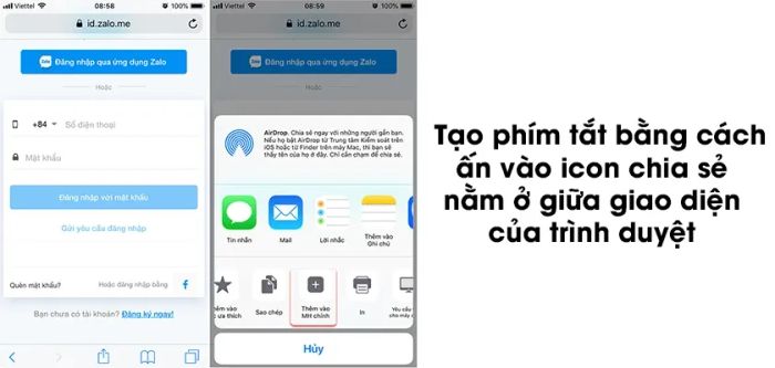 Bước 4: Sau khi đăng nhập thành công tài khoản Zalo qua trình duyệt Safari, bạn tạo phím tắt truy cập vào trang web này trên màn hình chính của iPhone để dễ dàng sử dụng.