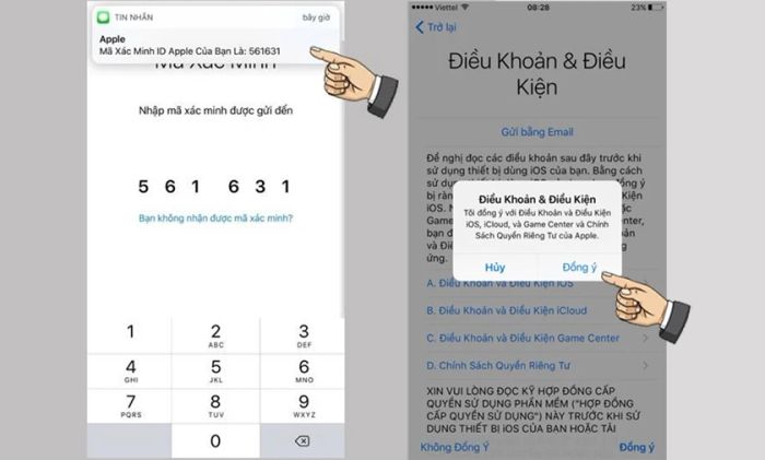 nhấn đồng ý với các điều kiện và điều khoản của Apple