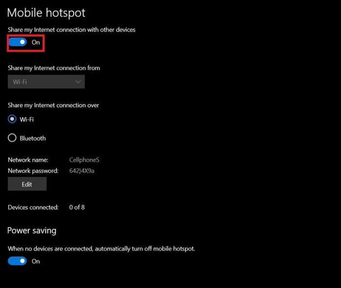 Kích hoạt tính năng phát wifi