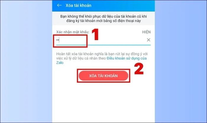 Nhập mật khẩu hiện tại và chọn Xóa tài khoản