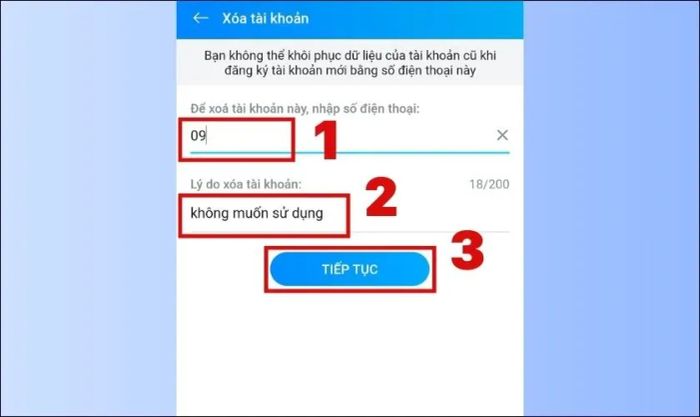 Nhập số điện thoại, lý do và nhấn Tiếp tục