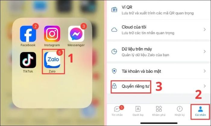 Nhấn vào biểu tượng Cá nhân và chọn mục Quyền riêng tư để tiếp tục.