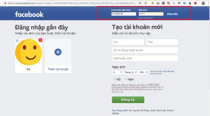 Đăng nhập Facebook qua số điện thoại