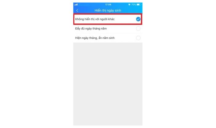 Thông báo sinh nhật Zalo, chọn mục “Không hiển thị với người khác”.
