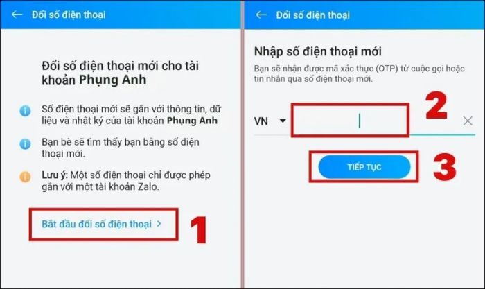 Chọn Bắt đầu đổi số điện thoại, nhập số điện thoại mới và nhấn Tiếp tục.