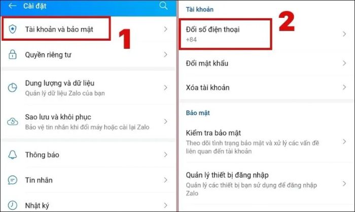 Chọn Tài khoản và bảo mật, sau đó nhấn vào Đổi số điện thoại.