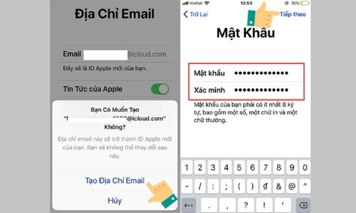 Bước 5: Chọn Tạo địa chỉ Email và nhập mật khẩu để kích hoạt tài khoản