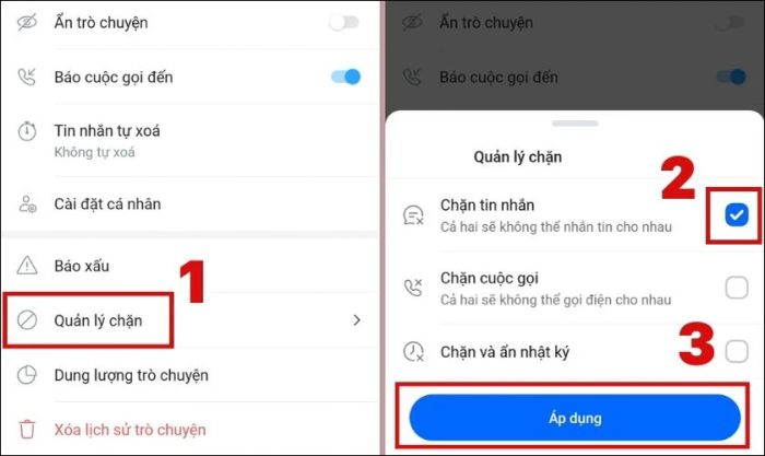 Chọn mục Quản lý chặn, nhấn vào Chặn tin nhắn và bấm nút Áp dụng