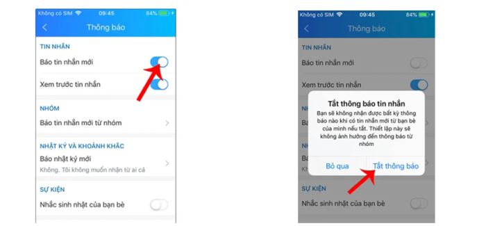Bước 2: Vào mục Tin nhắn và gạt bỏ chức năng kích hoạt “Báo tin nhắn mới”.