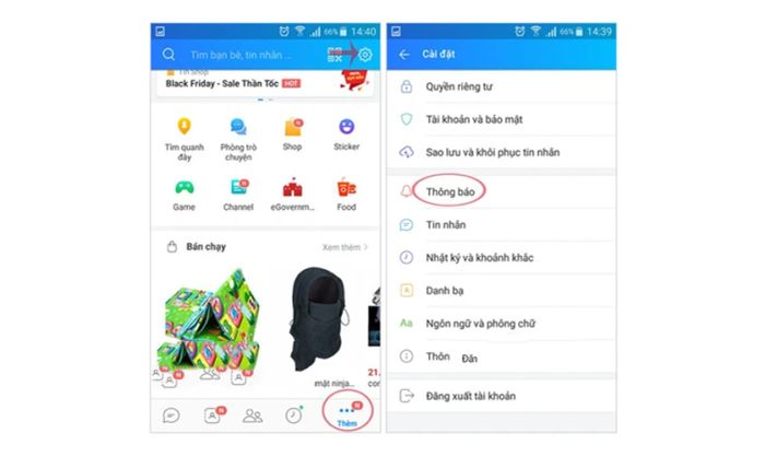 Bước 1: Mở ứng dụng Zalo, tại góc phải màn hình bạn sẽ thấy biểu tượng ba chấm, nhấn vào đó và tiếp theo chọn biểu tượng bánh răng → tìm đến mục thông báo.