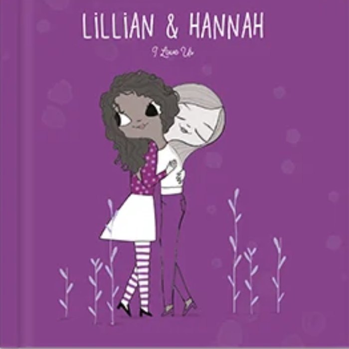 A purple book cover featuring two girls and the title, 