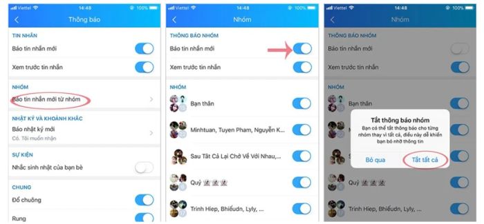 Bước 3: Nếu muốn tắt thông báo từ nhóm, bạn chỉ cần chọn 'Báo tin nhắn mới từ', sau đó gạt thanh để tắt chức năng đó.