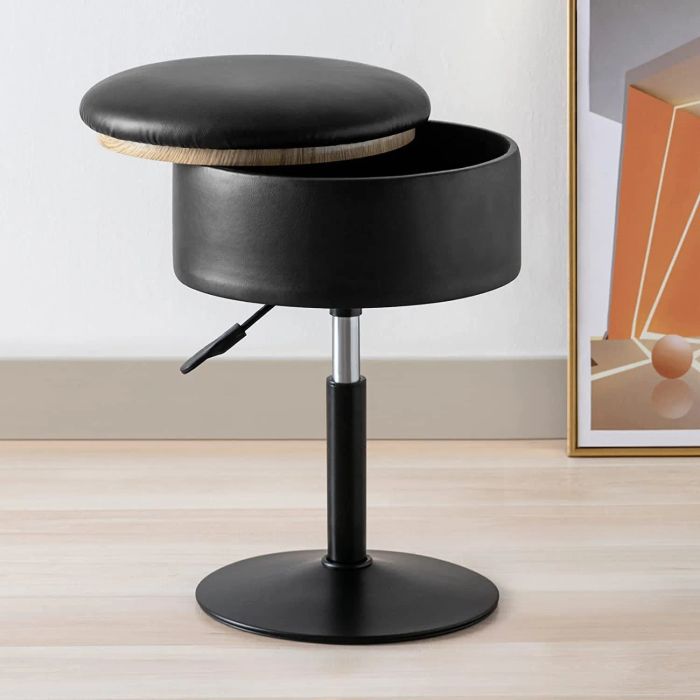 a stool with an adjustable height bar and a storage compartment under the seat