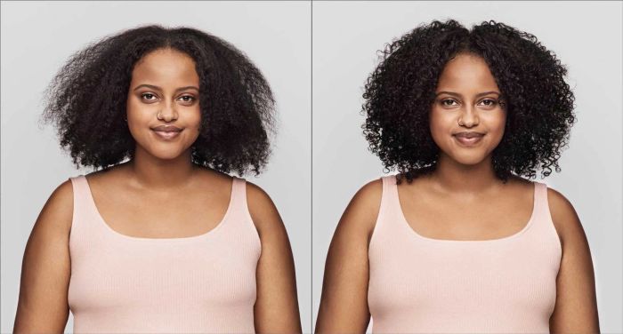 Before: a model with frizzy, undefined curls. After: curls with more definition and less frizz.