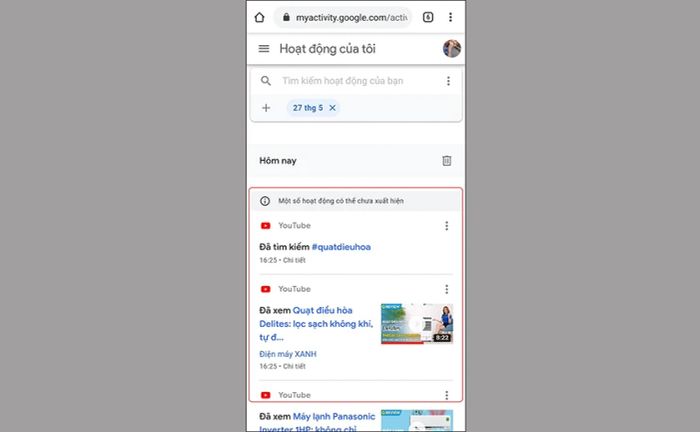 Hệ thống sẽ hiển thị danh sách lịch sử các video bạn đã tìm kiếm.
