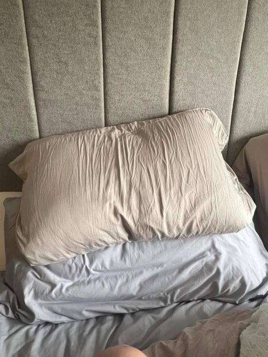 A pillow and sheets arranged on a casually made bed against a fabric-covered headboard. Ideal for showcasing home shopping or promoting bed linens.
