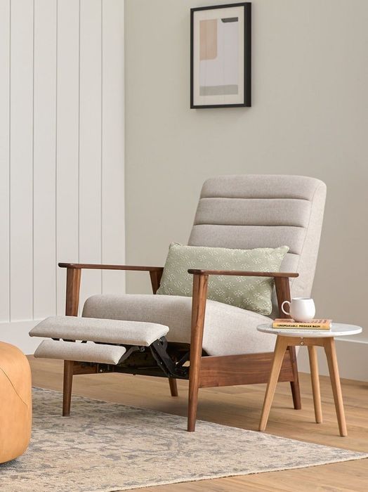 The Ashford Gray recliner featuring walnut legs.