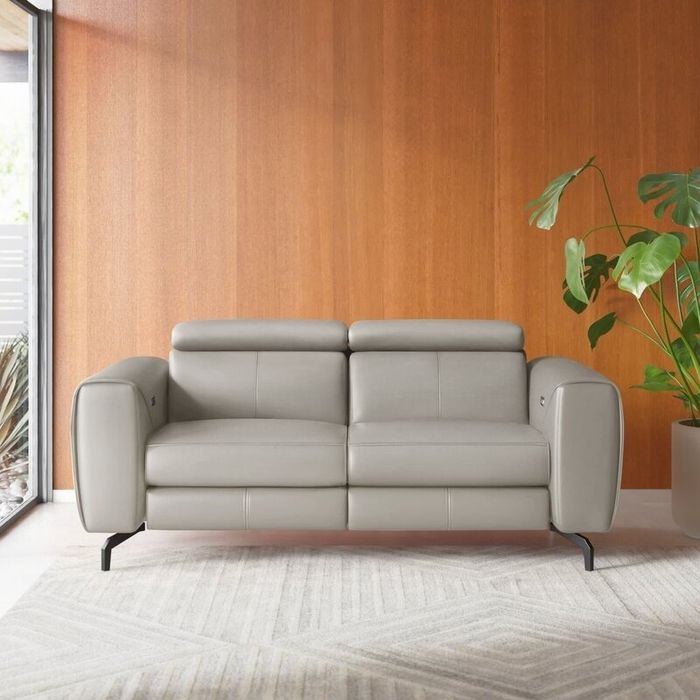A modern gray sofa set in a minimalist living room, complemented by a large green plant and a geometric-patterned rug.