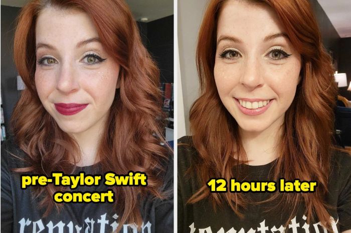 A before/after of an editor's makeup for a Taylor Swift concert, demonstrating how the setting spray kept her makeup flawless for 12 hours.