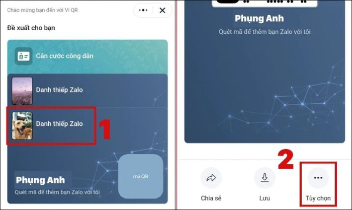 Chọn mục Danh thiếp Zalo và nhấn vào nút Tùy chọn