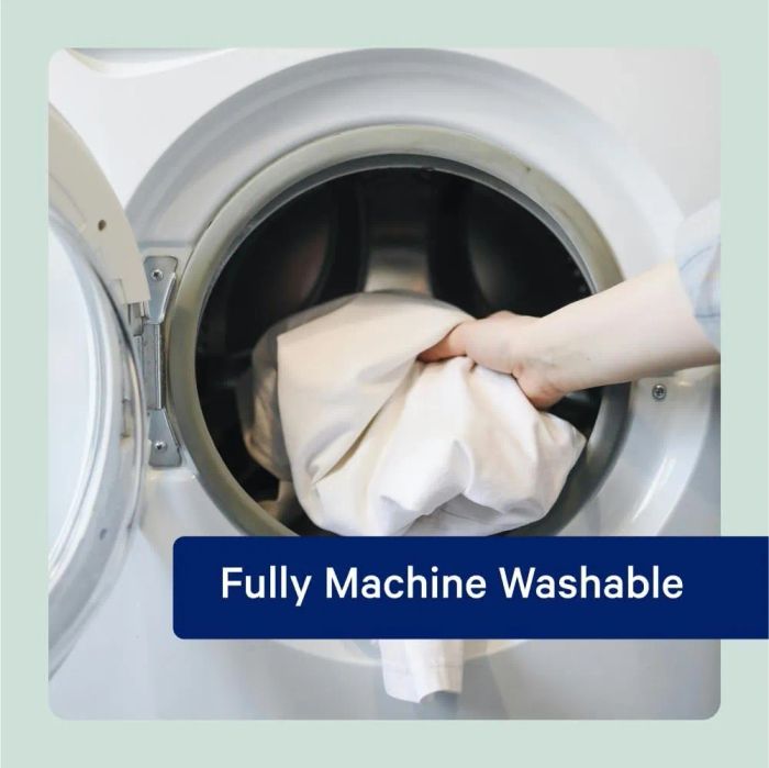 A hand placing a white fabric into a washing machine. Text reads, “Fully Machine Washable.”