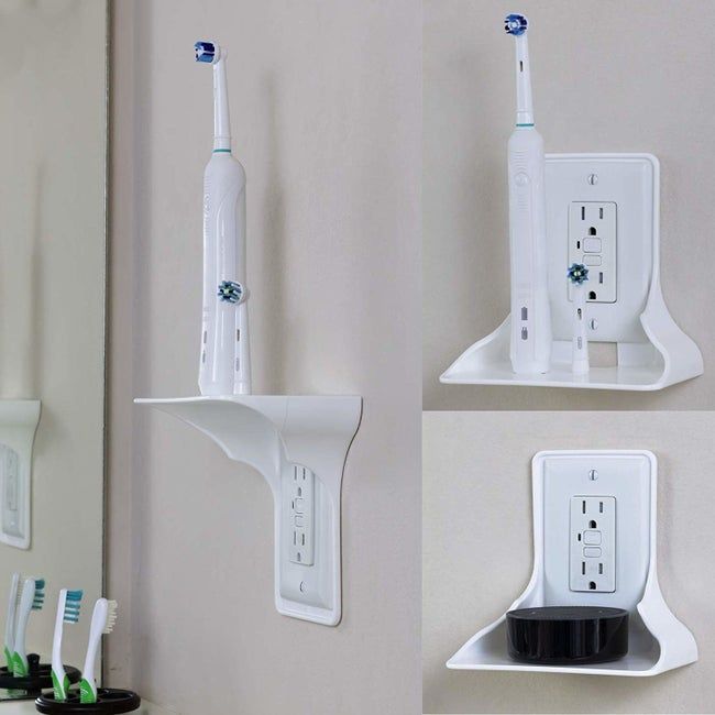 Three images of a shelf designed to fit behind outlet covers, showing both top and bottom placement options.
