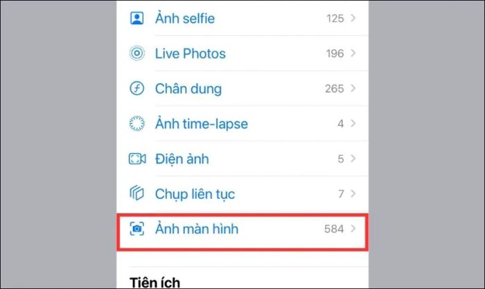 Chọn mục Ảnh chụp màn hình trong thư viện ảnh