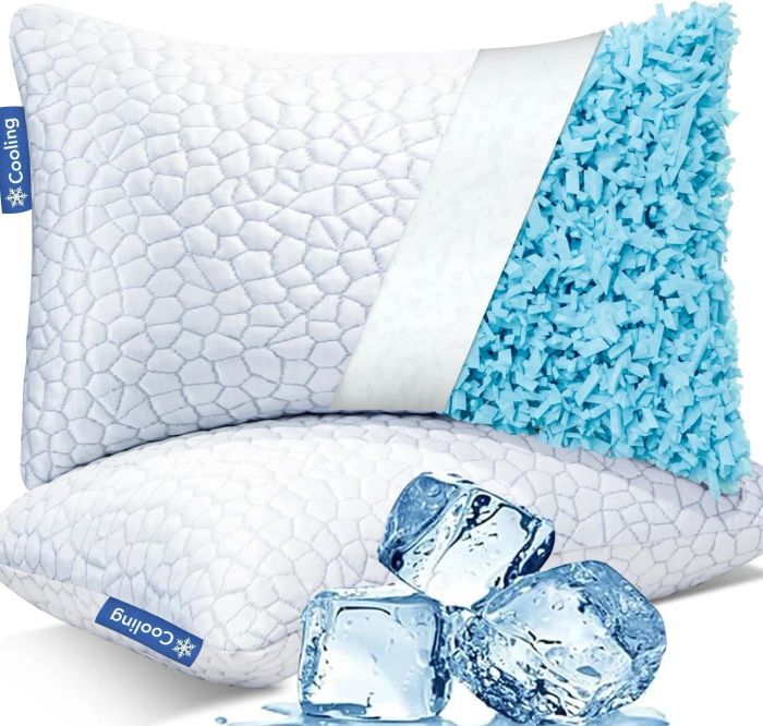 A pillow featuring a quilted surface and blue shredded foam along the side, clearly labeled 