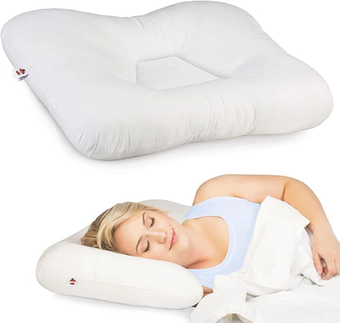 A woman resting peacefully on a uniquely-shaped white pillow designed to support the head and neck. A close-up image of the same pillow is shown above her.