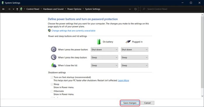 Tắt nguồn máy tính qua nút Power trên Windows 10