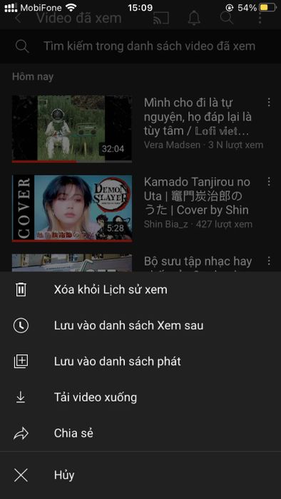 Hướng dẫn xóa video đã xem trên Youtube - giao diện điện thoại