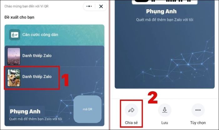 Chọn mục Danh thiếp Zalo và nhấn vào biểu tượng chia sẻ