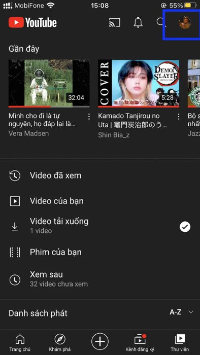 Cách xóa video đã xem trên Youtube - giao diện điện thoại