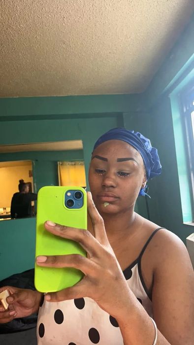 Before photo of the reviewer without foundation, using the product as a makeup primer.