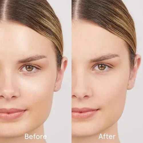 Before and after shots of a model using the blurring setting powder, showcasing a flawless matte finish.