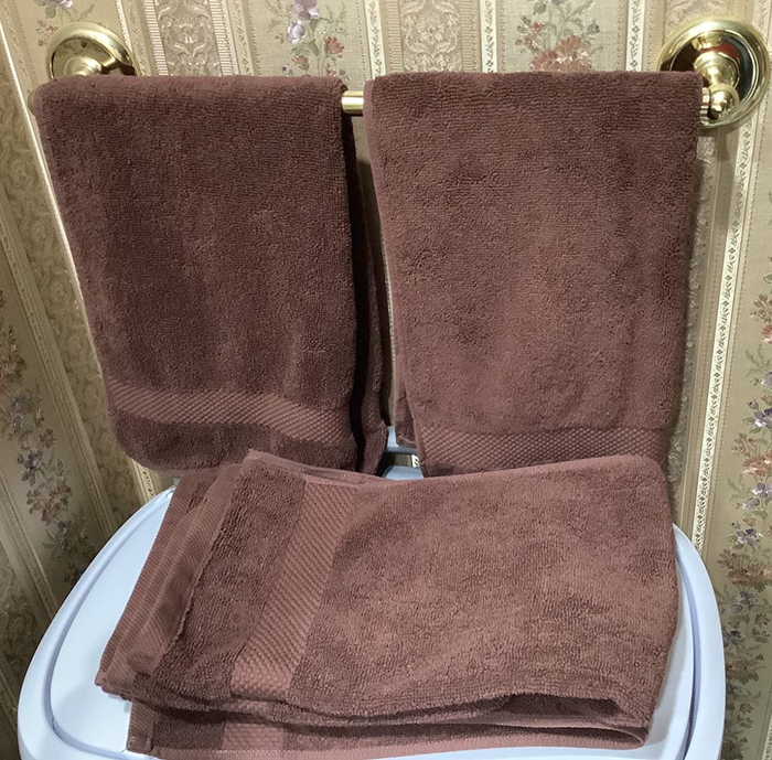 Reviewer image displaying brown towels, folded and hanging on a towel rack