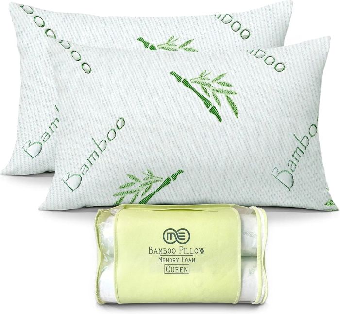 Two bamboo memory foam pillows in branded packaging, perfect for eco-conscious shoppers seeking both comfort and sustainability.
