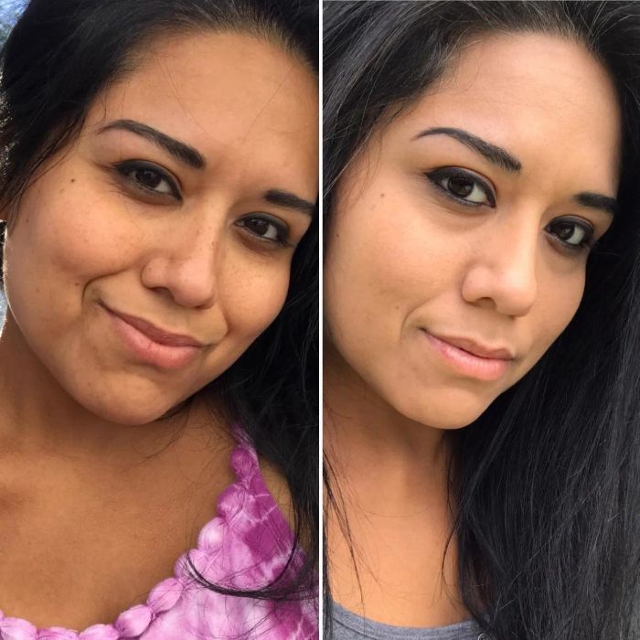 Before and after photo of a reviewer wearing the foundation