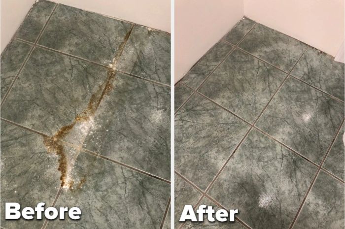 On the left: a tile floor with a visible stain, on the right: the same floor, now perfectly cleaned
