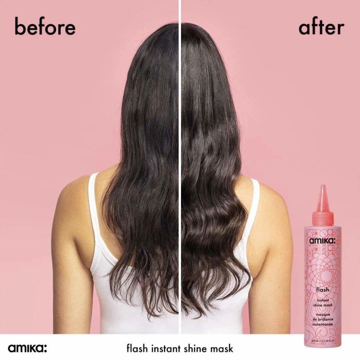Before-and-after images of long hair treated with the Amika shine mask.