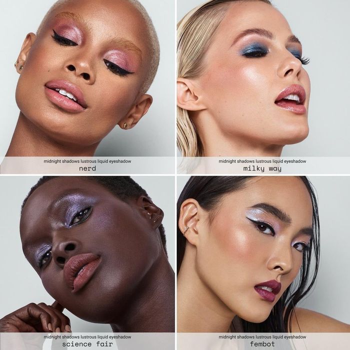 Four models showcasing the Midnight Shadows Lustrous Liquid Eyeshadow in shades Nerd, Milky Way, Science Fair, and Fembot for a shopping feature