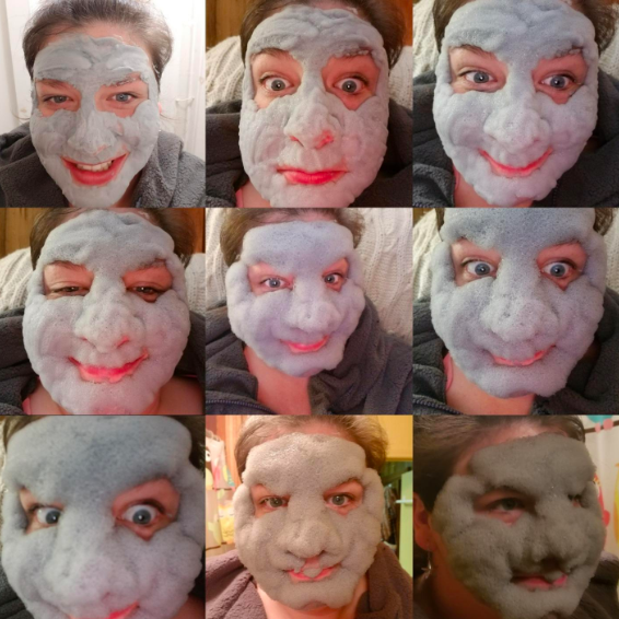 A series of nine selfies from the reviewer showcasing the transformation of the mask from flat to bubbly and fun