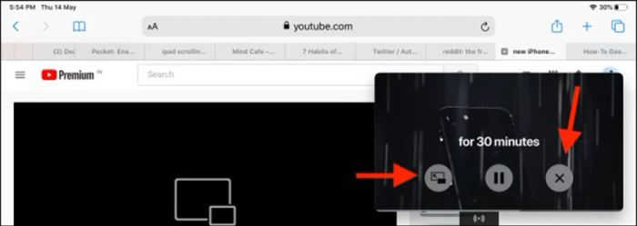 Nhấn nút Pause để tạm dừng chế độ picture in picture trên Youtube